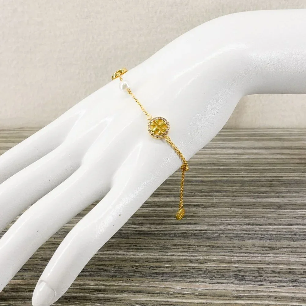 Tory Burch Crystal Logo & Imitation Pearl Station Bracelet Ivory/Tory Gold OS